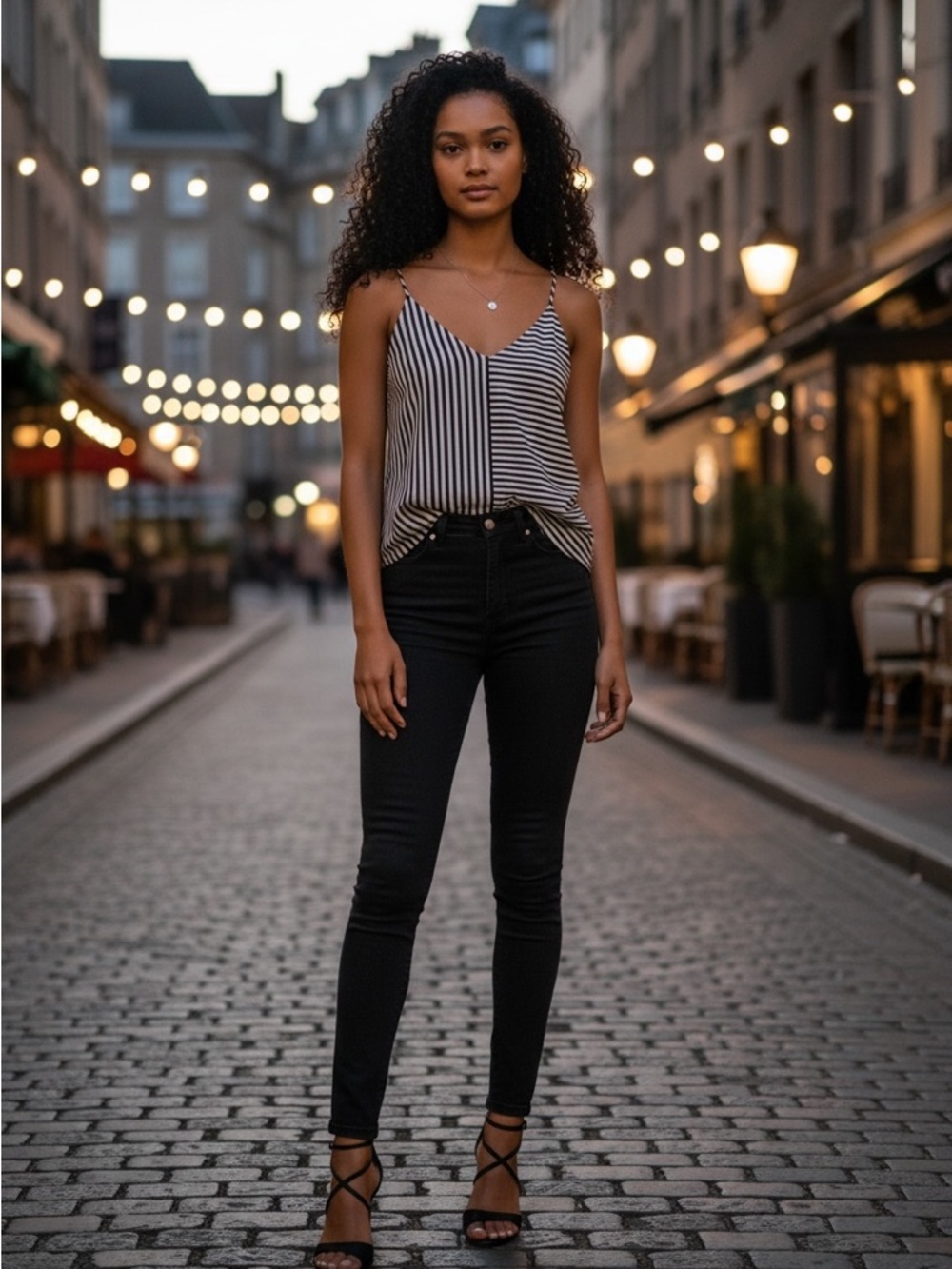Striped V-Neck Spaghetti Strap Cami in Black and White